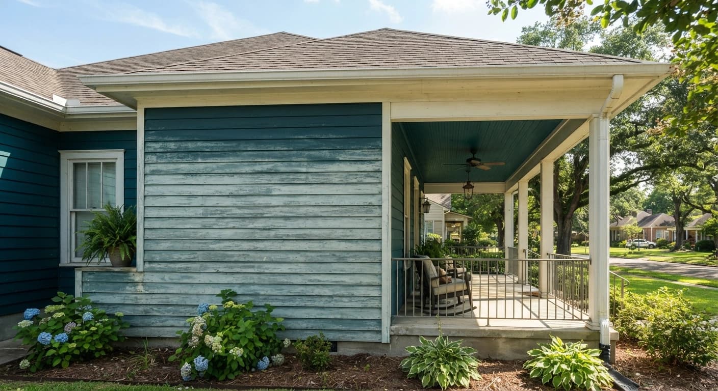 faded colors on sun-exposed house siding next to a shaded porch ceiling. A south-facing Baton Rouge-area home in afternoon light, with one washed-out siding wall beside a shaded porch ceiling that still shows the original color. Shoot wide enough to show both