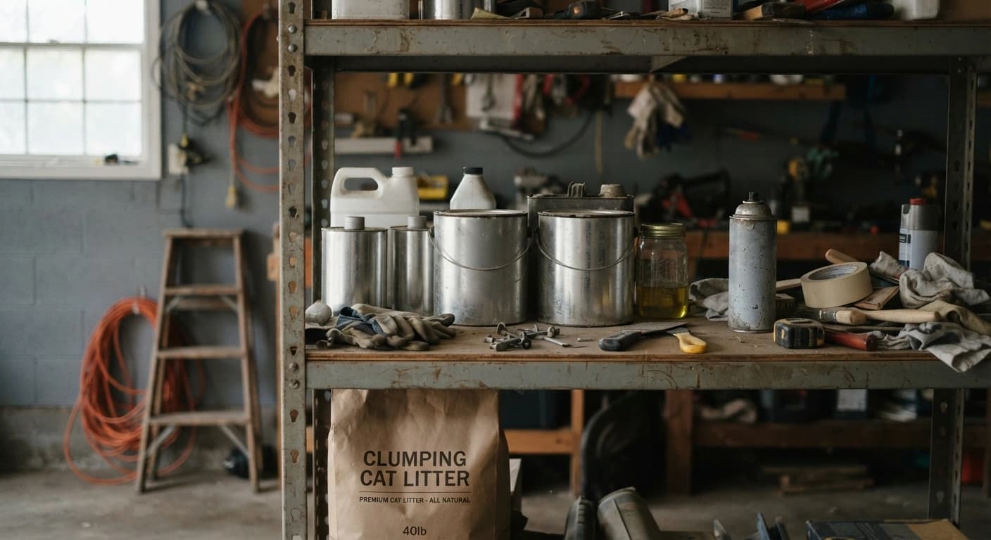 Eye-level shot of a real garage or utility shelf in natural light. Show a mix of gallon cans, quarts, and one spray can, with a bag of kitty litter on the floor nearby. No brand labels facing the camera