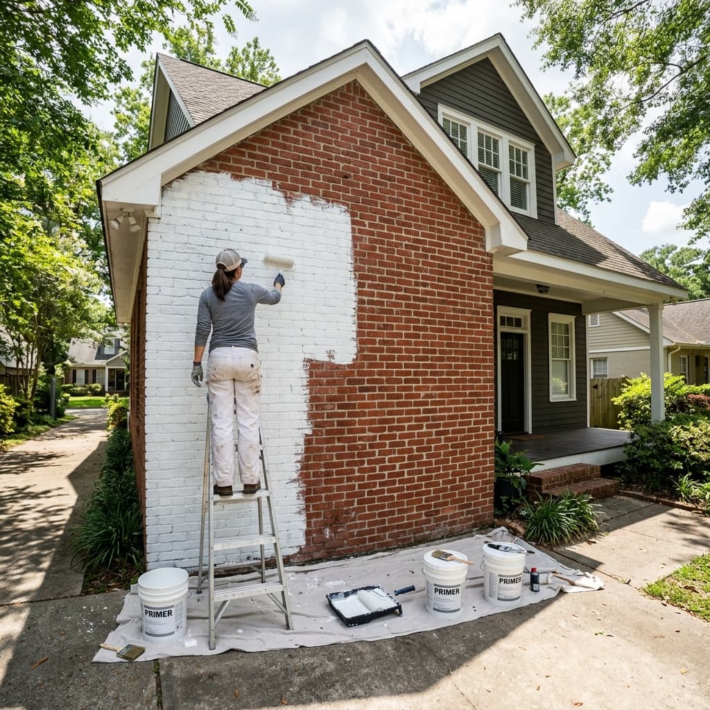Painter applying masonry primer to a brick exterior wall before topcoat.