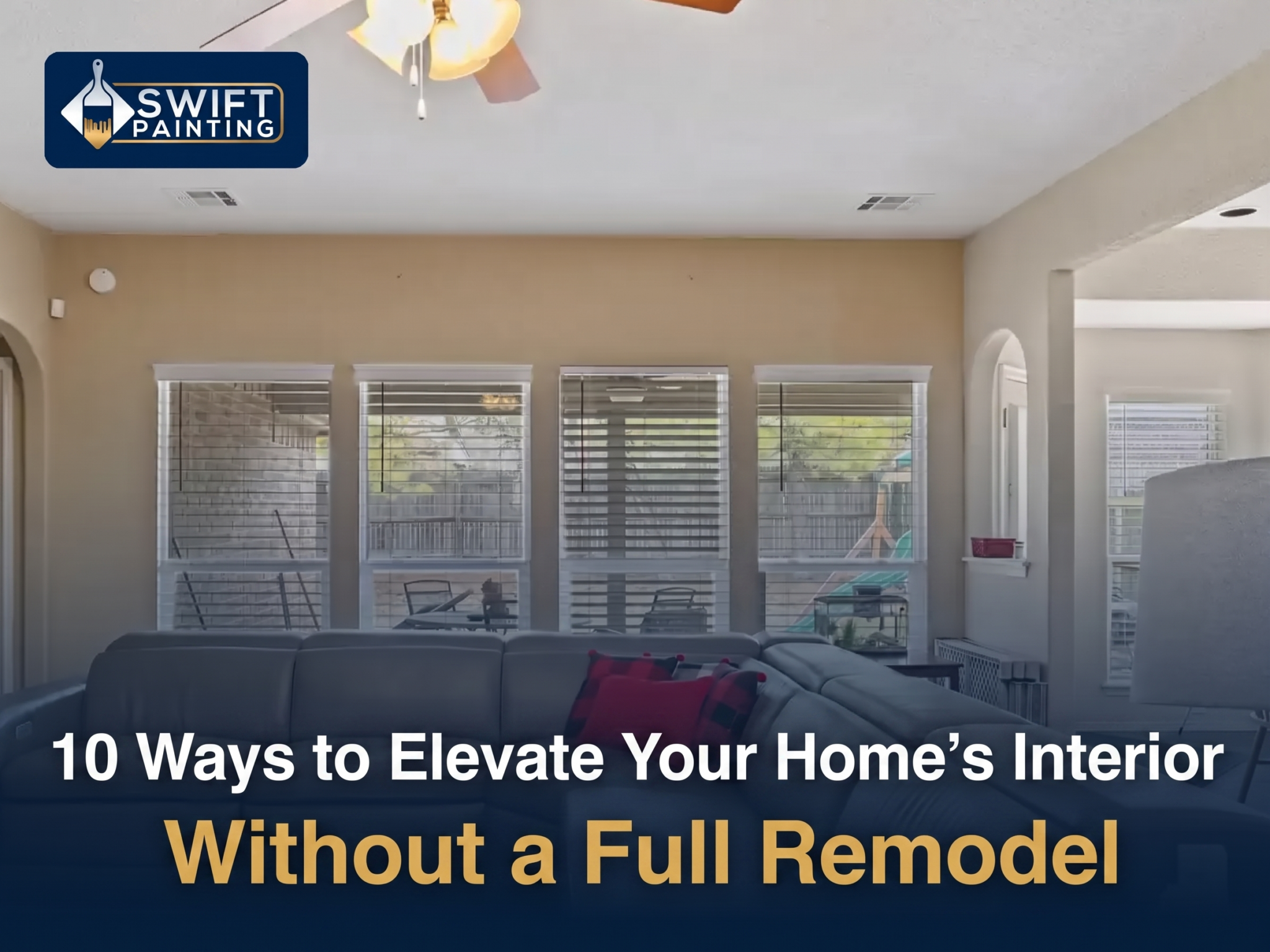 Modern living room graphic with text reading: 10 Ways to Elevate Your Home’s Interior Without a Full Remodel.