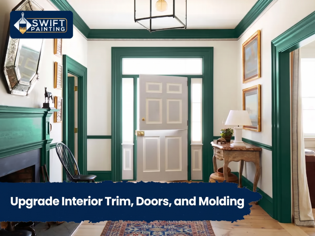 Green painted trim and molding contrasting with white entryway walls