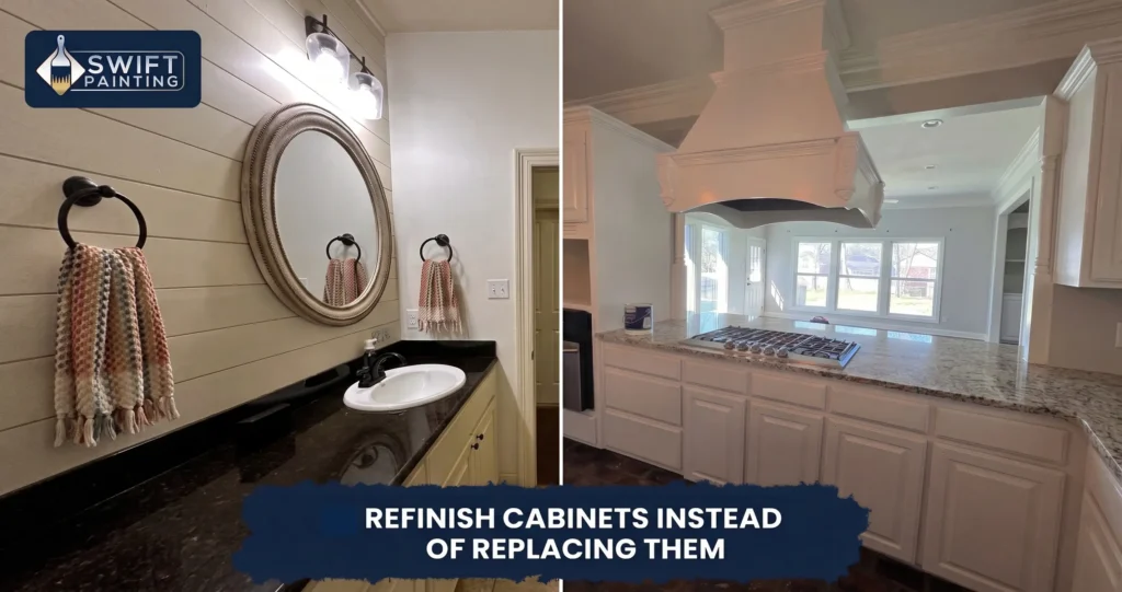 Before and after of white refinished kitchen cabinets with granite countertops