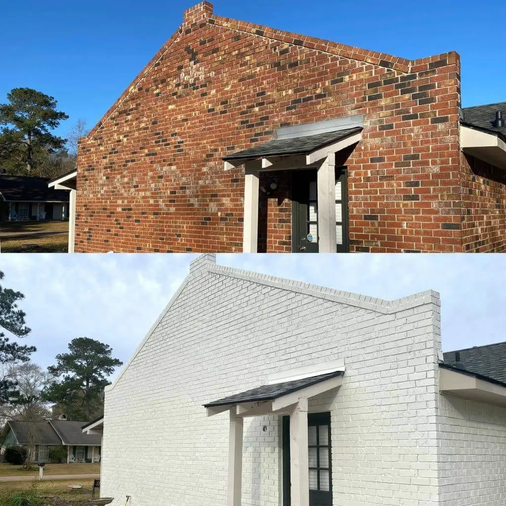Before and after exterior brick painting project showing a white painted brick finish.
