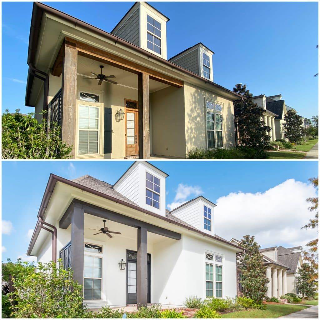 Before and after exterior painting transformation of a home from beige to bright white.