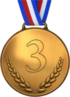 Gold third-place medal with a red, white, and blue ribbon and laurel wreath detail.