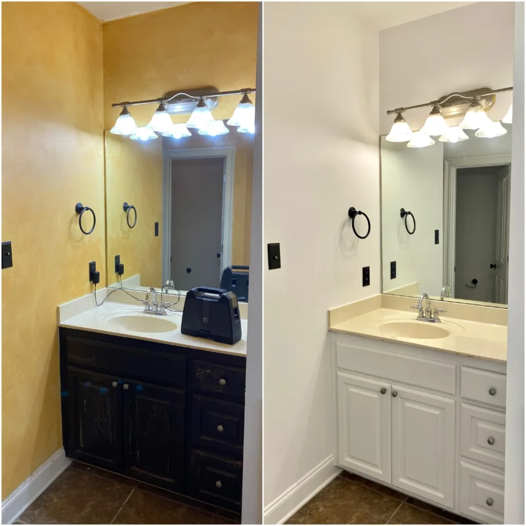 Before and after bathroom vanity painting transformation from dark wood to bright white.