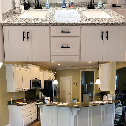 Modern bathroom and kitchen renovations featuring professional white cabinet painting.