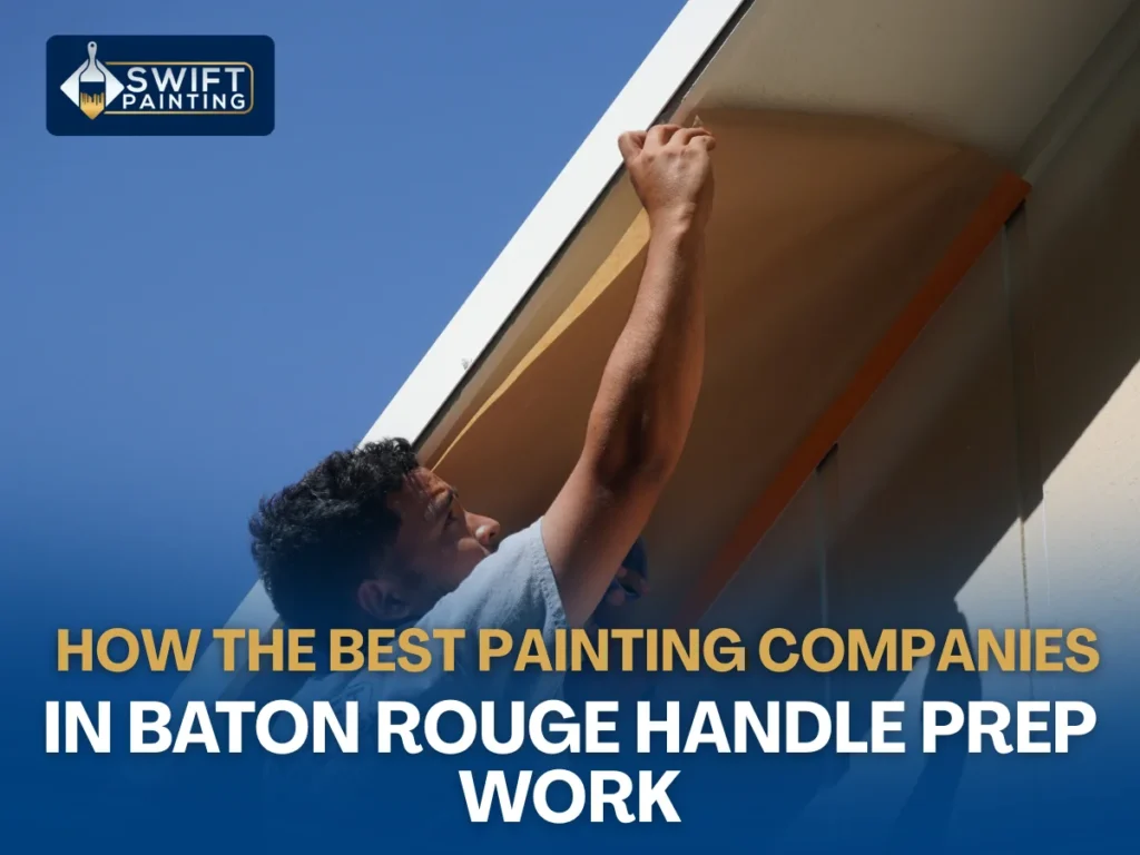 Professional painter performing exterior prep work on a home's eaves in Baton Rouge.