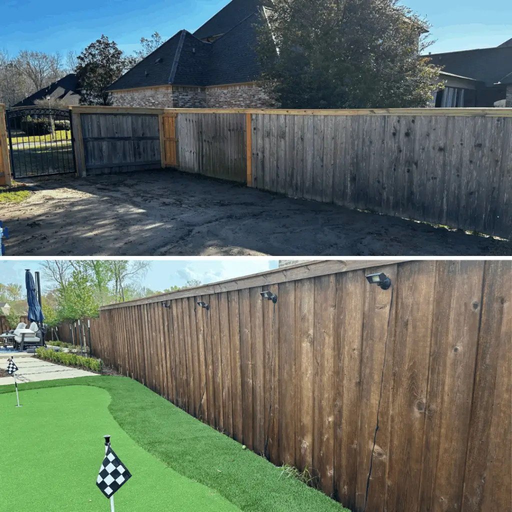 Before and after comparison of a professional wood fence staining and restoration project.