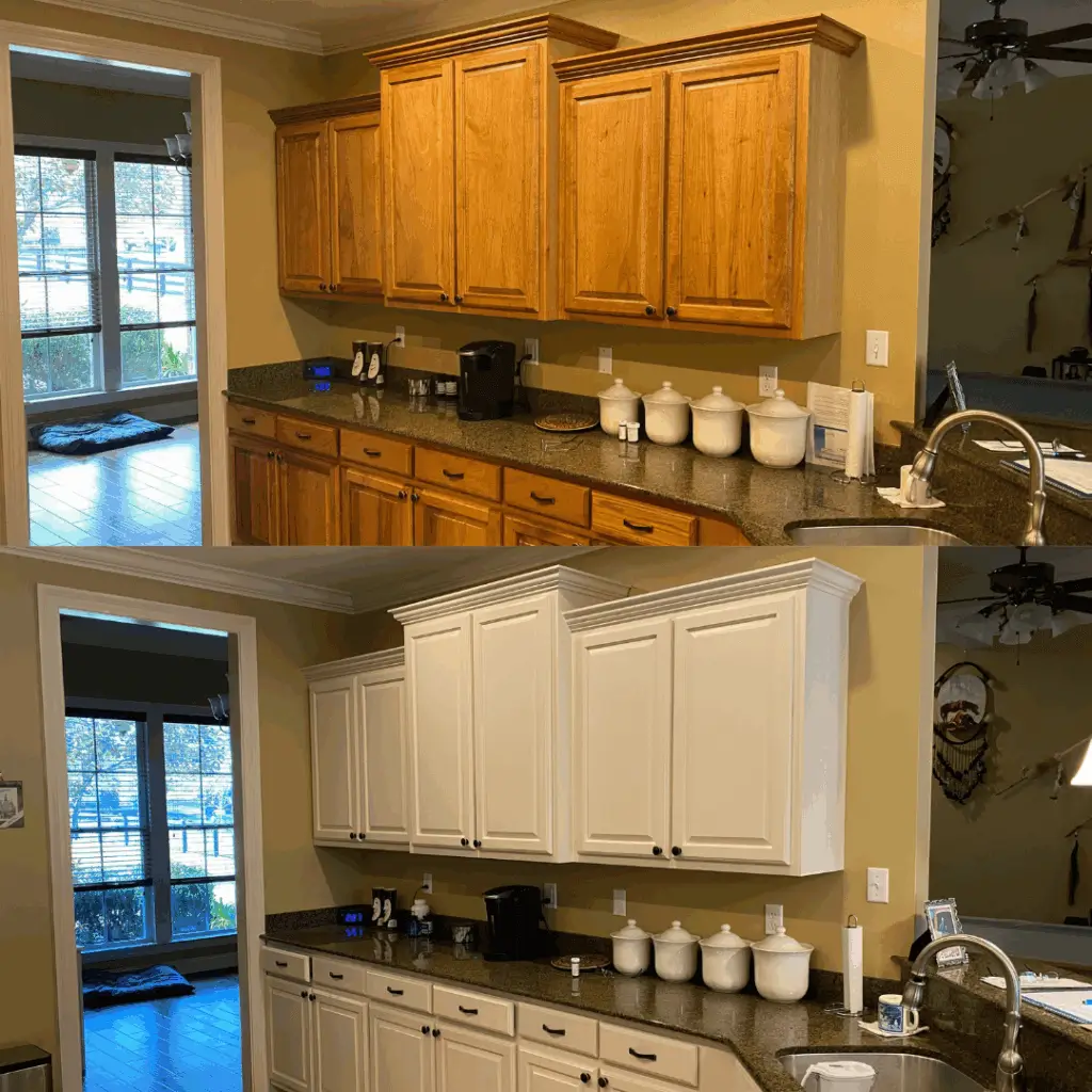 Before and after view of a kitchen counter area with newly painted white cabinets.