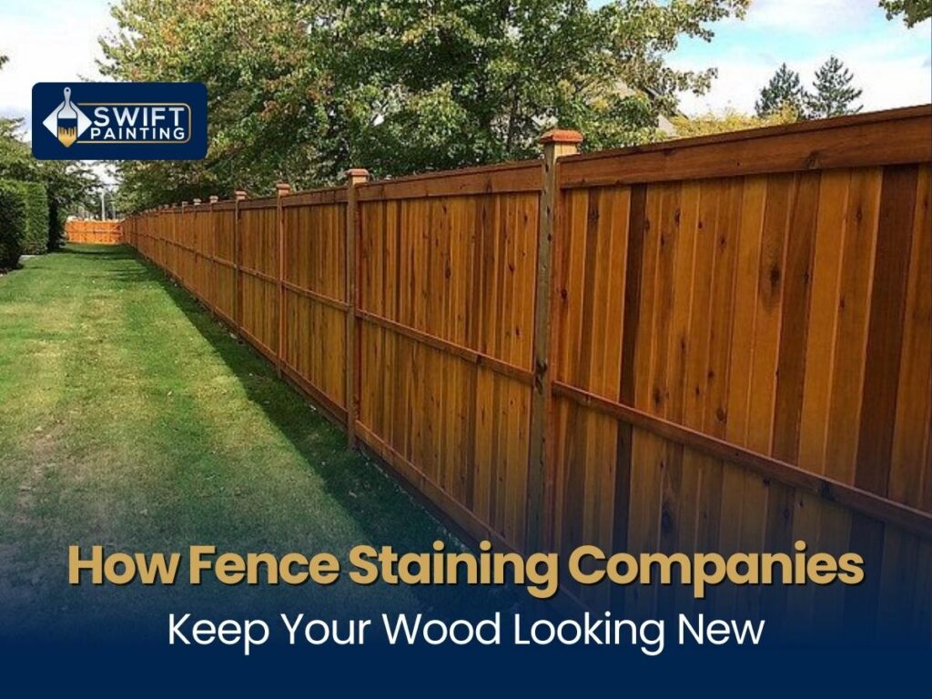 Long wooden fence with a fresh brown stain finish by Swift Painting.