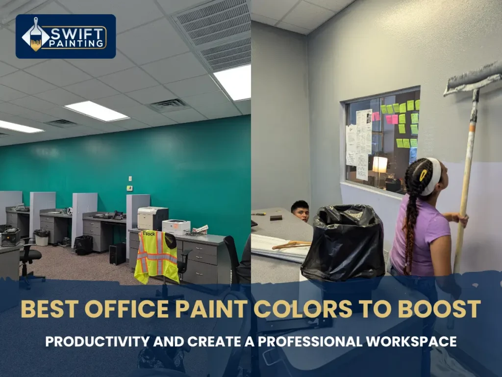 Side-by-side view of a teal corporate office cubicle area and a painter rolling light purple paint on an office wall.