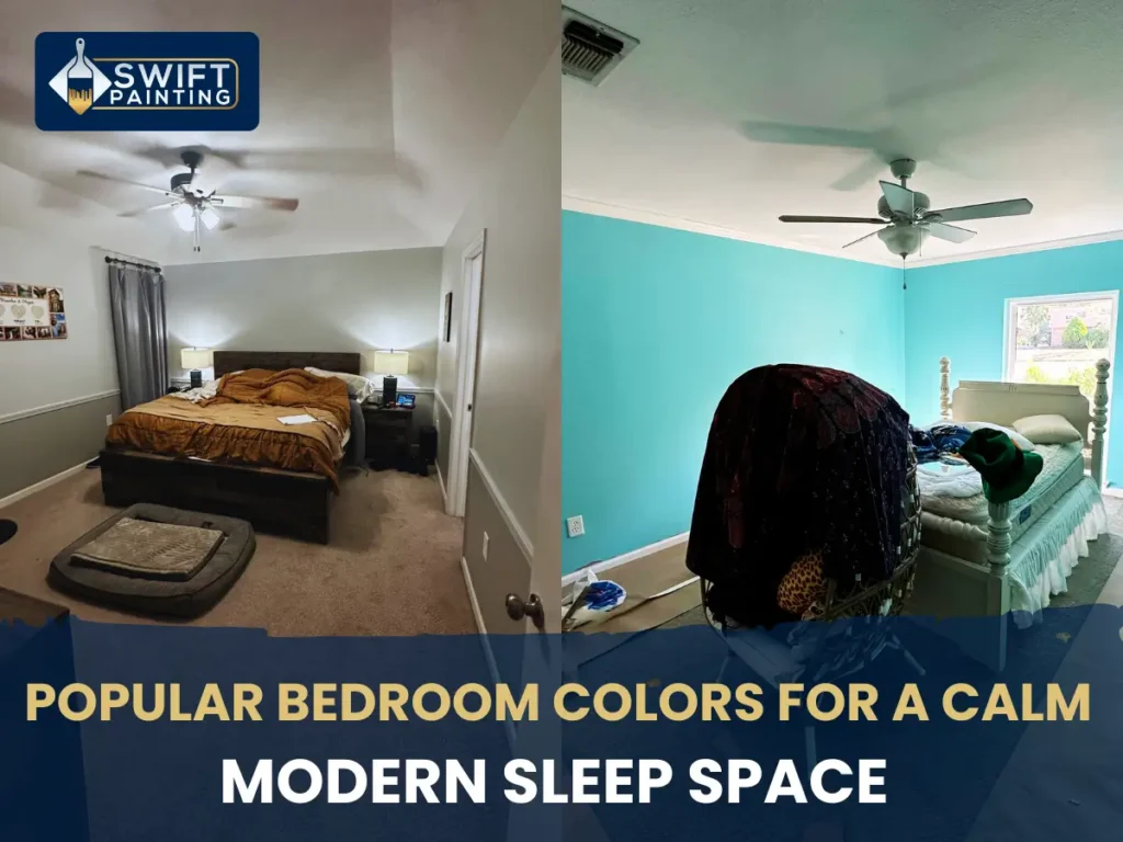 Side-by-side comparison of two painted bedrooms, one in light sage gray with a dark wood bed and one in bright turquoise with a white wooden bed frame.