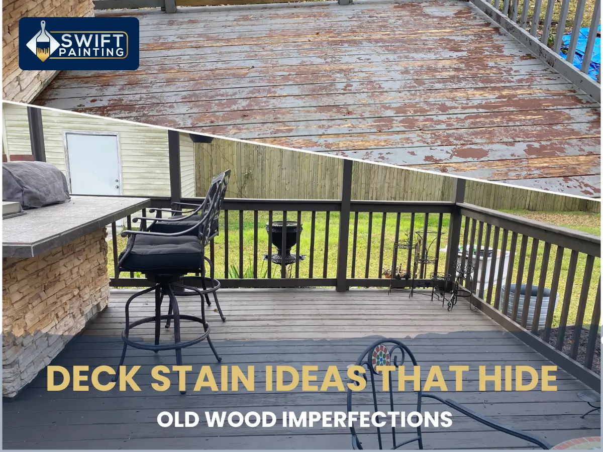 A split-screen comparison showing a severely weathered, peeling top deck contrasted with a finished lower patio area using solid dark grey and brown stains to completely hide wood flaws near an outdoor stone bar.