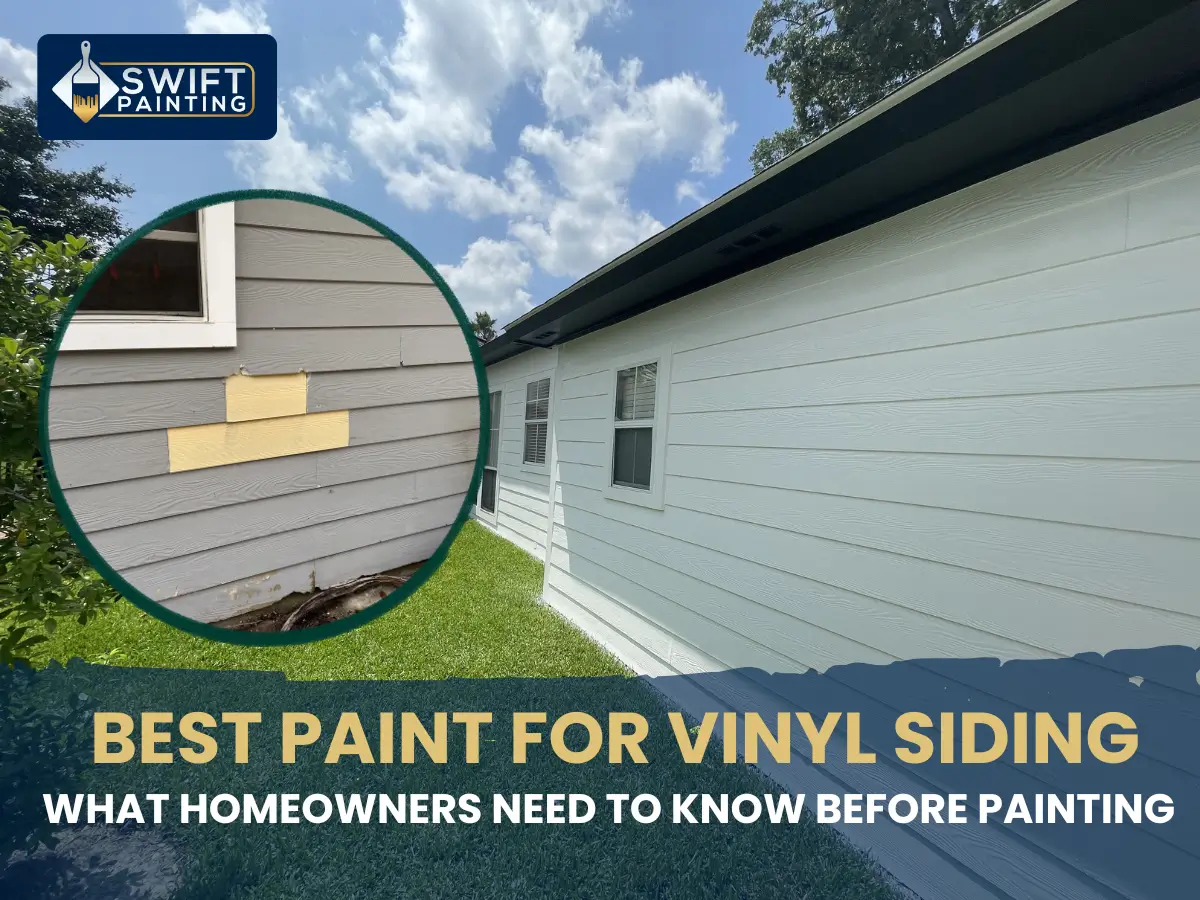 A wide-angle view of a beautifully painted white house with clean vinyl siding, and a small inset circle showing a 'before' close-up of aged grey siding.