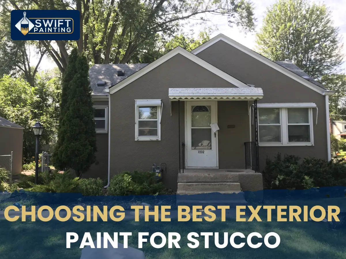 Front view of a single-story home featuring a freshly painted taupe stucco exterior.