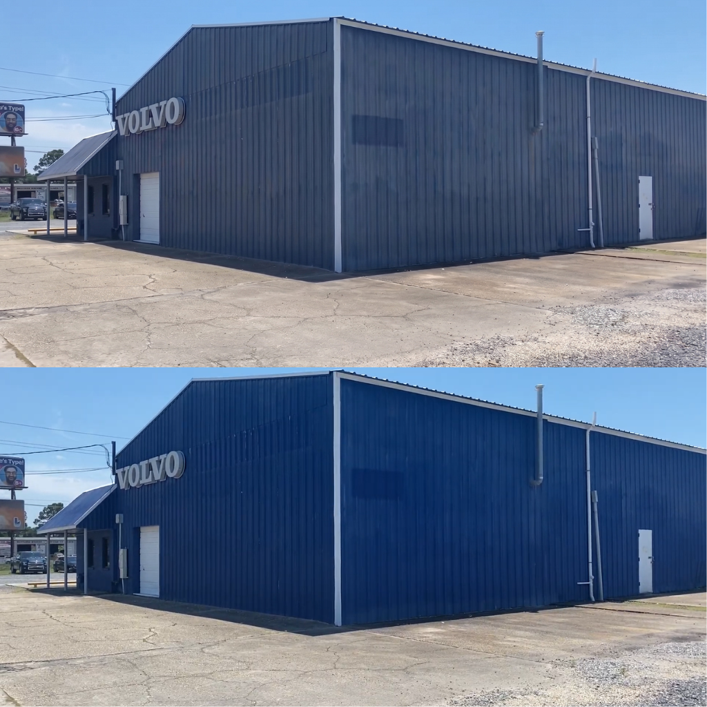 Before and after comparison of a commercial metal building exterior painting project showing a faded blue warehouse restored to a bright, deep blue finish.