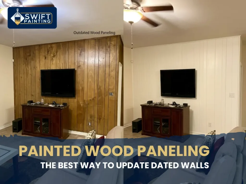 Side-by-side before and after image showing dark, dated wood paneling in a living room transformed into a bright off-white painted accent wall behind a TV.