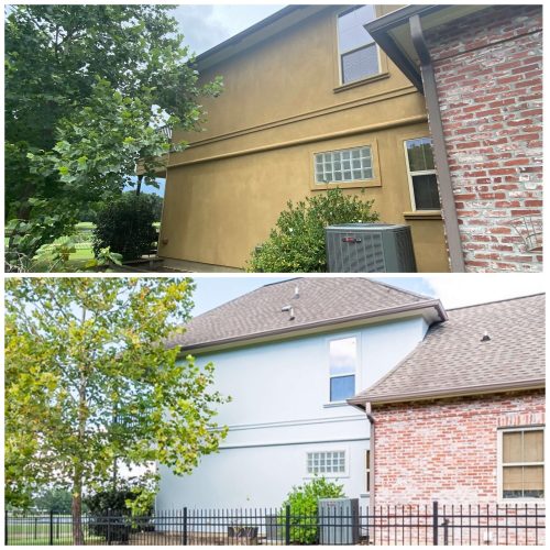 Swift Painting LLC: Baton Rouge stucco house from tan to light blue.